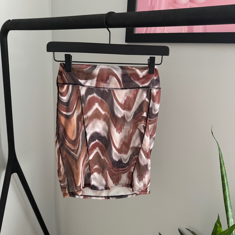 Pretty Little Thing Mesh Mini Skirt Brown Wave Swim Coverup Small